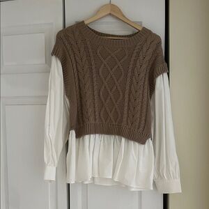 Blu Pepper Taupe Cable Knit Sweater Vest with White Blouse